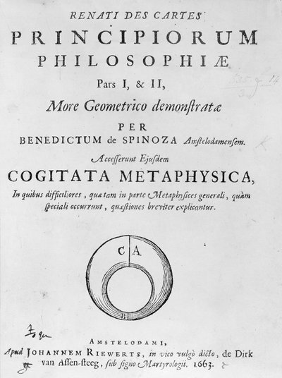 Baruch Spinozan René Descartesin filosofisten periaatteiden otsikkosivu, julkaistu vuonna 1663 tekijältä Dutch School