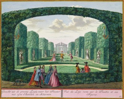 Näkymä vihreältä loggialta teatteriin, Het Zeganplant Kennemerlantista, Hendrick de Leth ja Matthias Brouerius Van Nidek, julkaistu n. 1700-1730 tekijältä Dutch School