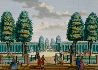 Näkymä talosta kohti etuporttia, Meerestein, Hendrick de Lethin ja Matthias Brouerius Van Nidekin Het Zeganpralent Kennemerlantista, julkaistu n. 1700-1730 tekijältä Dutch School