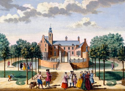 Näkymä Adrichemin talosta, Hendrick de Lethin ja Matthias Brouerius Van Nidekin Het Zeganpralent Kennemerlantista, julkaistu n. 1700-1730 tekijältä Dutch School