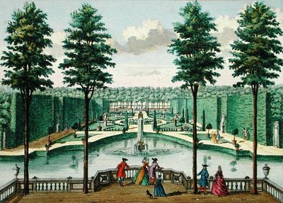 Näkymä puutarhaan talosta, Watervliet, Her Zeganplant Kennemerlandista, Hendrik de Leth ja Matthias Brouerius Van Nidek, julkaistu noin 1700-1730 (katso myös 172308, 1723) tekijältä Dutch School