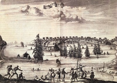 Näkymä satamasta ja Gallen kaupungista, julkaistu Amsterdamissa 1676 tekijältä Dutch School