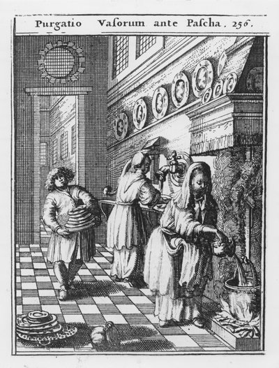 Talousastioiden pesu ennen pääsiäistä (Purgatio Vasorum ante Pascha), kuvitus Johannes Leusdenin teoksesta "Philologus Hebraeo-Mixtus", pub. Utrecht, 1699 (kaiverrus) tekijältä Dutch School