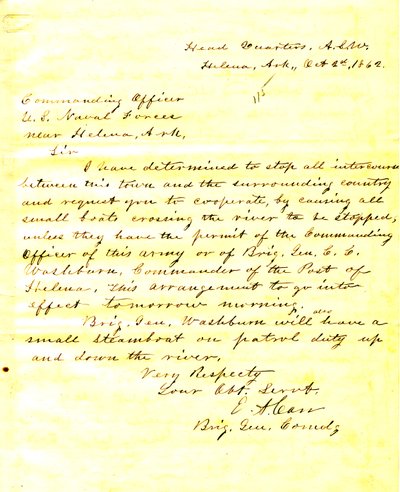 Kirje E.A.Carr, Helena, Arkansas, Yhdysvaltain merivoimien komentajalle Helenan lähellä Arkansasissa 2. lokakuuta 1862 tekijältä E.A. Carr