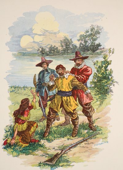 Häneen tarttui kauluksen takaosa, kuvitus Edward S. Ellisin pubin teoksesta "Pocahontas: A Princess of the Woods". McLoughlin Brothers, New York, n. 1912 tekijältä E.B. Comstock
