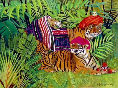 Tiikeriperhe thaimaalaisilla vaatteilla, 2004 (akryyli kankaalle) tekijältä E.B. Watts