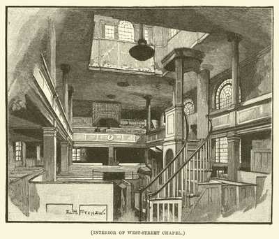 West-Streetin kappelin sisätilat (kaiverrus). tekijältä E.H. Fitchew