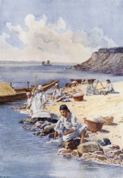 Korealaiset naiset pesemässä vaatteita joessa (värilitho) tekijältä E.H. Fitchew