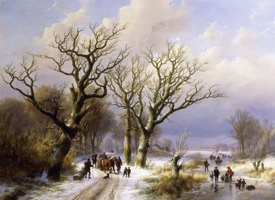 Metsäinen talvimaisema hahmoineen, 1863 tekijältä E.J. Verboeckhoven