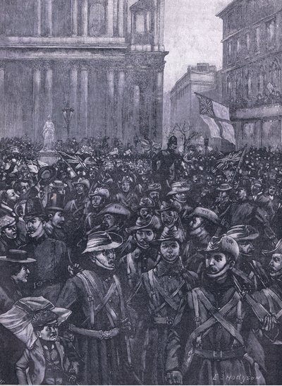 CIV:t marssivat alas Ludgate Hill, matkalla Mansion Houseen Waterloon asemalle, kuva Cassells History of Englandista, 1900-luku tekijältä E.S. Hodgson