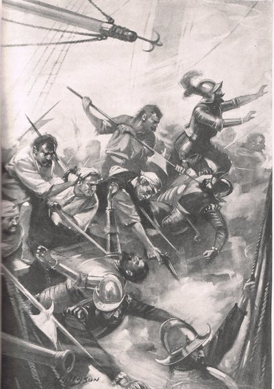 The English Repelling the Spaniards at San Juan de Ulua, kuvitus "British Battles on Land and Sea" -julkaisusta, julkaisija Cassell, Lontoo, noin 1915 tekijältä E.S. Hodgson