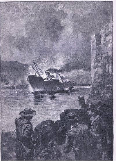 Espanjan amerikkalainen sota: Merrimacin uppoaminen, kuva Cassellsin Englannin historiasta, 1900-luku tekijältä E.S. Hodgson