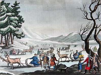 Tungus lähtee talvileirillään poron vetämillä reillä, n. 1820 (värikaiverrus) tekijältä E. (after) Karnejeff
