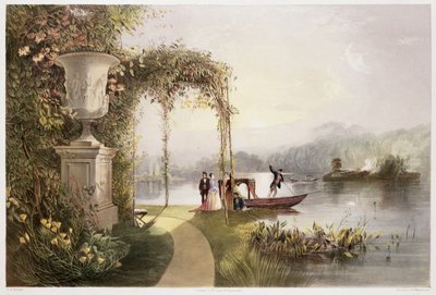 The Lake, Trentham Hall Gardens, The Gardens of Englandista, julkaistu 1857 (chromolitho) tekijältä E. Adveno Brooke