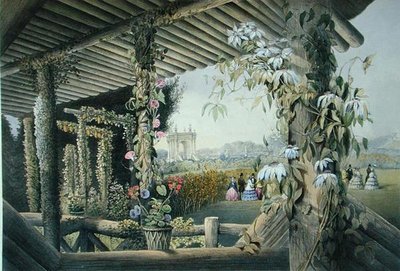Näkymä Rustic Seatista, Shrublands, teoksesta "Gardens of England", julkaistu 1857 (väri litho) tekijältä E. Adveno Brooke
