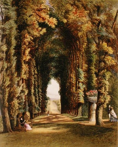 "Vista" Teddesleyn puutarhassa, julkaisusta "The Gardens of England", julkaistu 1857 (värilitro). tekijältä E. Adveno Brooke