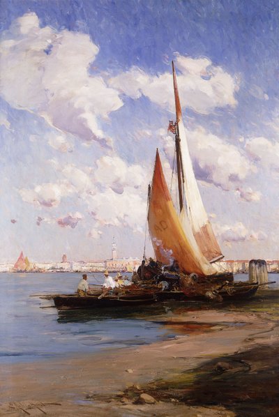 Kalastusalukset Rivere degli Schiavoni -joella, Venetsia, takana, tekijältä E. Aubrey Hunt