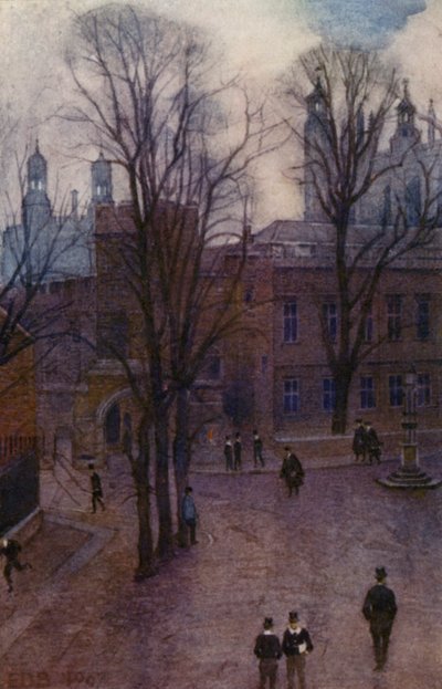 Eton: Yläkoulu ja pitkä kävelymatka Common Lane Housesta (väri litho) tekijältä E. D. Brinton