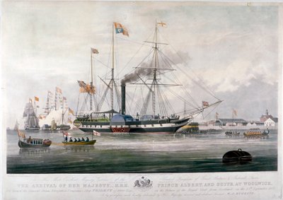 Kuningatar Victoria ja prinssi Albert saapuvat Royal Dockyardille, Woolwich, Kent, 1843 tekijältä E Duncan