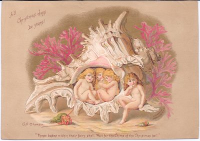 Viktoriaaninen joulukortti, jossa neljä vesivauvaa istuu Ramose Murexin simpukan sisällä, taustaa vasten korallia ja sen kuoren sisällä oleva erakko, l, Gertrude Thompson, n. 1895 (värinen lito) tekijältä E. Gertrude Thompson