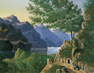Vuoristojärvi retkeilijöineen tekijältä E. Guenther