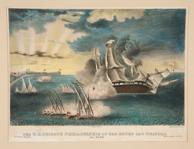 Yhdysvaltain fregatti Philadelphia Tripolin kallioilla (U.S. Military Magazine Army and Navy, Vol. II) tekijältä E. J. Pinkerton