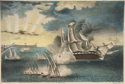 Yhdysvaltain fregatti Philadelphia Tripolin edustan kallioilla, Army and Navy Magazine, pub. 1840 (värilitografia) tekijältä E. J. Pinkerton