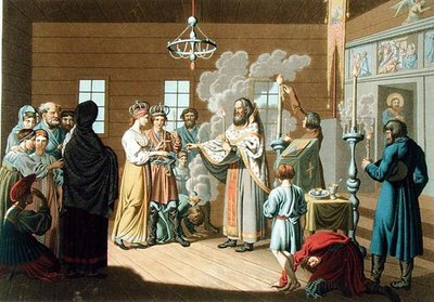 Venäläinen avioliitto, kaiverrus X. Wagner (väri litho) tekijältä E. Karnejeff