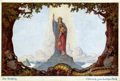 Historia. Itävallan ja Saksan liitto. Allegoria kirjoittanut E. Kutzer, Itävalta, n. 1920 (postikortti) tekijältä E. Kutzer