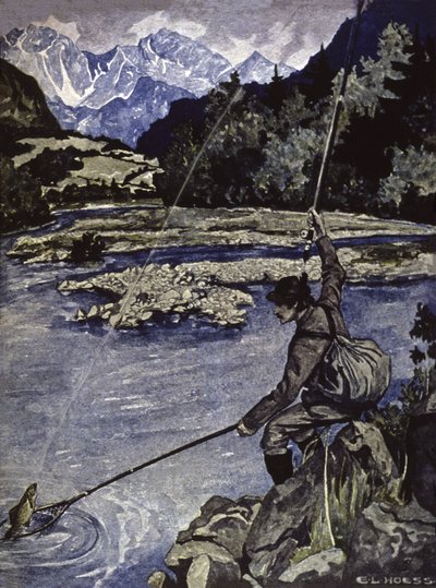 Kalastusta joessa, noin 1900 (kuvitus). tekijältä E. L. Hoess