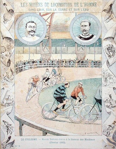 Charles Terront (1857-1932) ja Jules Corre Galerie des Machinesissa helmikuussa 1893, koulukirjasta (värilitho) tekijältä E. Letellier