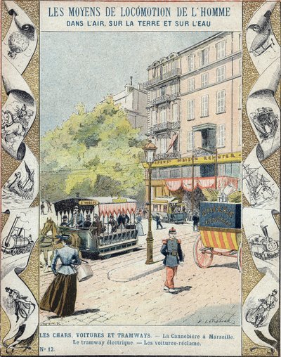 La Canebiere Marseillessa - sähköraitiovaunu - autot takaisin - E Letellierin kuvitus - Suojaa historiallinen muistikirja, 1800-luvun loppu tekijältä E. Letellier