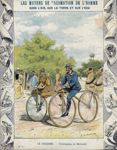 Pierre Michaux ja Michaudine velocipedes - Koulukirjojen suojaholkista, 1800-luvun loppu - Pierre Michaux