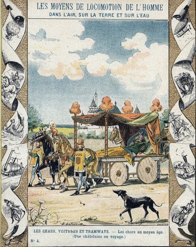 Tankkeja keskiajalla - Chatelaine matkalla - kuvitus E Letellier - Suojaa historiallista muistikirjaa, 1800-luvun loppu tekijältä E. Letellier