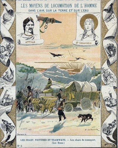 Kuljetustankit - Attilan hunnit (n. 395-453) - Barbaarien hyökkäykset - E Letellierin kuvitus - Suojaa historiallista muistikirjaa, 1800-luvun loppu - tekijältä E. Letellier