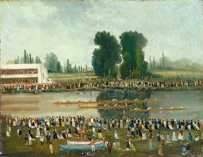 Soutukohtaus: Väkijoukkoja katselemassa joen rannoilta, 1800-luvun loppu. tekijältä E. Levy
