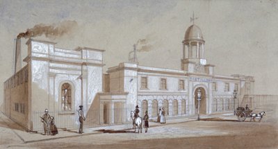 Näkymä Grimblen ja Boothin tislaamosta Albany Streetillä, St Pancras, Lontoo, c1830 tekijältä E Noyce