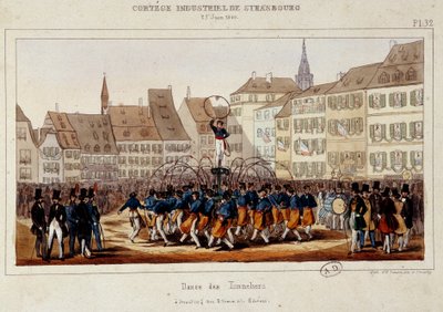La danse des tonneliers Strasbourgin teollisuuskortegen aikana 25.6.1840. Simonin litografia tekijältä E. Simon