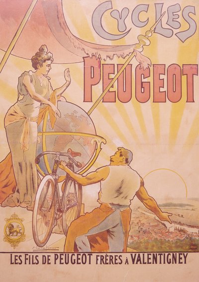 Peugeot-polkupyöriä mainostava juliste, 1800-luvun loppu - 1900-luvun alku tekijältä E Vavasseur