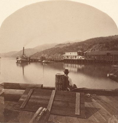 Sausalito N.P.C.R.R.:stä. Wharf, Etelään katsova, n. 1868. tekijältä Eadweard Muybridge