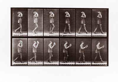 Mies riisumassa veneensä, levy 44 Animal Locomotionista, 1887 tekijältä Eadweard Muybridge