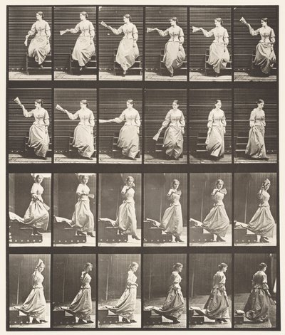 Levy 140. Laskevat portaat ympärilleen katsomassa ja heiluttamassa tuuletinta tekijältä Eadweard Muybridge