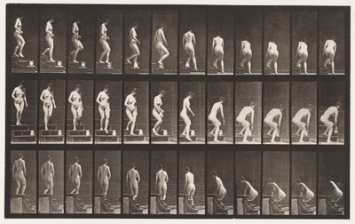Levy 149. Laskevat portaat; Kumartuminen nostaakseen kannua, 1872-1885 tekijältä Eadweard Muybridge