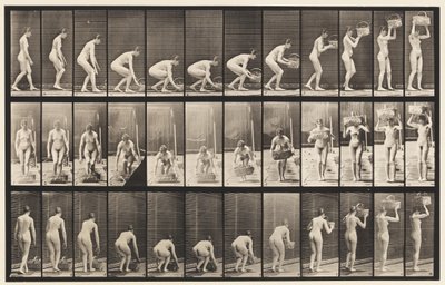 Levy 221. Kumartaminen ja 12 lb:n korin nostaminen päähän tekijältä Eadweard Muybridge