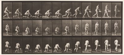 Levy 251. Polvistuminen vasemmalla polvilla, kori vasemmassa kädessä ja nousu, 1872-1885 tekijältä Eadweard Muybridge