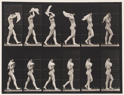 Lauta 40. Kävely, nenäliinan heittäminen hartioiden yli tekijältä Eadweard Muybridge