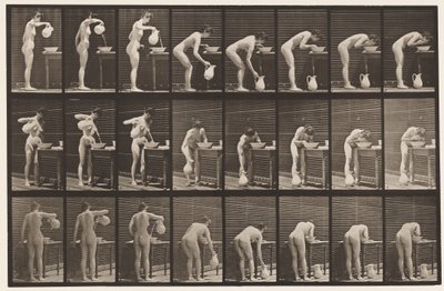 Lauta 413. Veden kaataminen altaaseen ja kasvojen pesu tekijältä Eadweard Muybridge