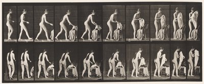 Lauta 415. WC, vaatteiden pukemiseen valmistautuminen tekijältä Eadweard Muybridge