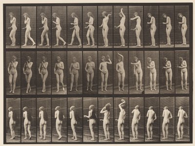 Lauta 426. WC; Harjaa hiuksiaan ja kävelee pois, 1872-1885 tekijältä Eadweard Muybridge