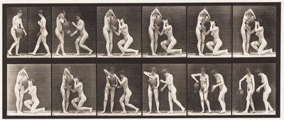 Lauta 452. Kaksi mallia, 8 polvia, juomat vesipurkista käsissä, 1872-1885 tekijältä Eadweard Muybridge